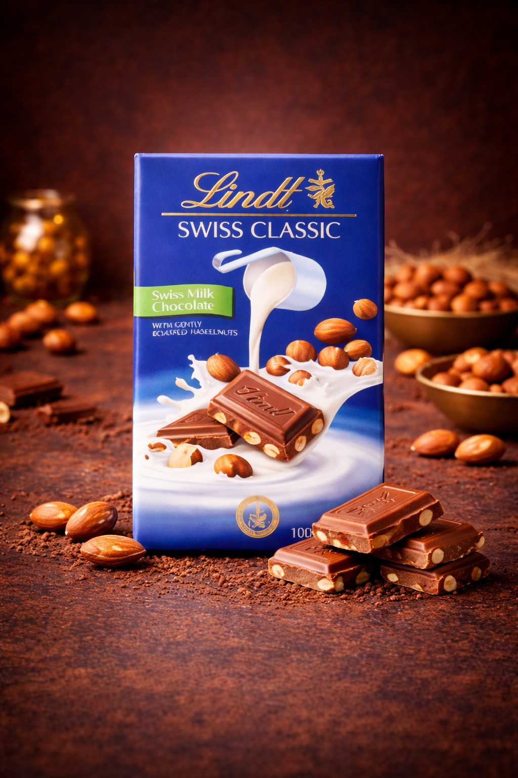 PRIVÉ Wine&Market Lindt Swiss Classic milk chocolate bar with whole roasted almonds, 100g.
