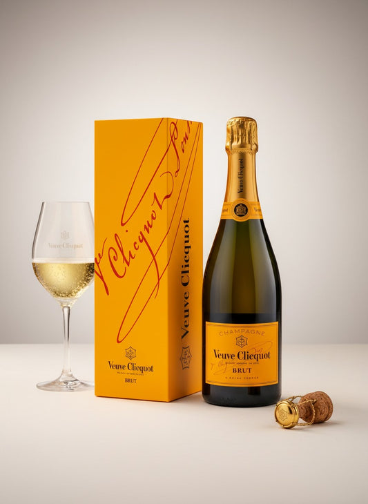 PRIVÉ Wine&Market: Veuve Clicquot Brut Yellow Label champagne bottle with gift box and glass.