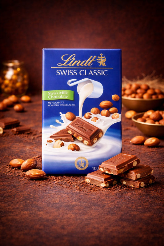 PRIVÉ Wine&Market Lindt Swiss Classic milk chocolate bar with whole roasted almonds, 100g.