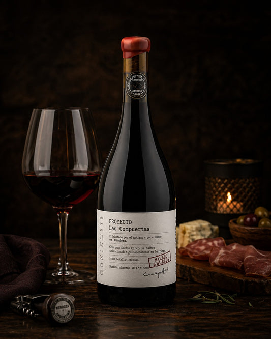 PRIVÉ Wine&Market bottle of Proyecto Las Compuertas Malbec 5 Suelos red wine, with a glass of red wine, charcuterie, and cheese.